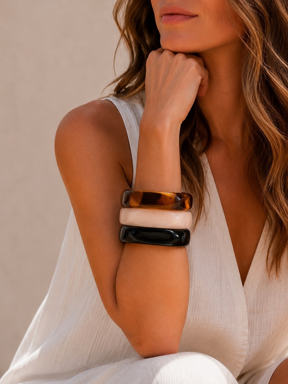 NWT | Modern Resin Bangle Bracelet Set | Sculptural Black, Amber & Ivory Trio